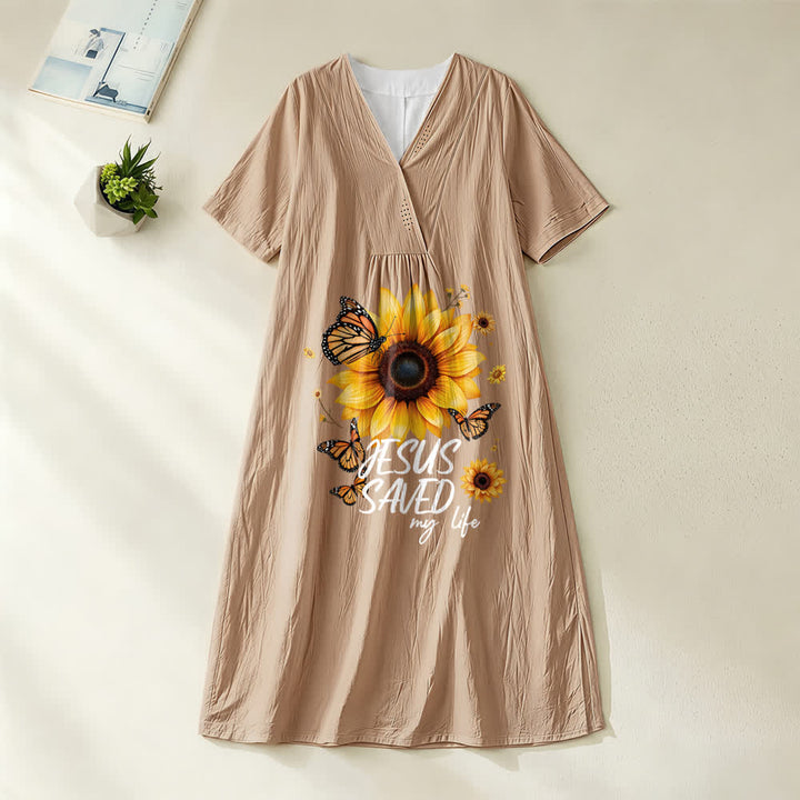 Robe midi à manches courtes et col en V, motif tournesol et papillon, de Christianartworkshop « Jésus m'a sauvé la vie ». - Kaki - 4XL - image 2