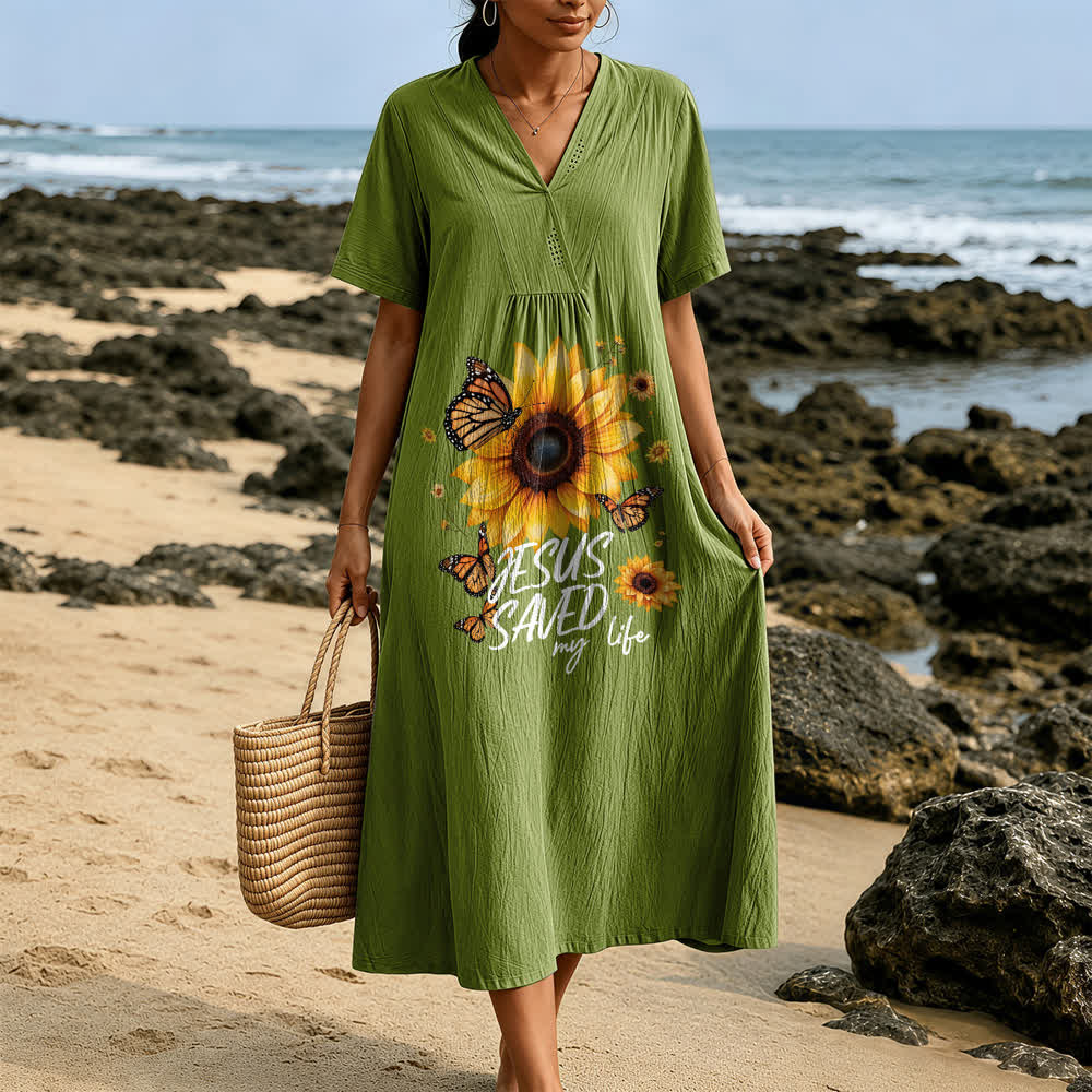 Robe midi à manches courtes et col en V, motif tournesol et papillon, de Christianartworkshop « Jésus m'a sauvé la vie ». - image 1