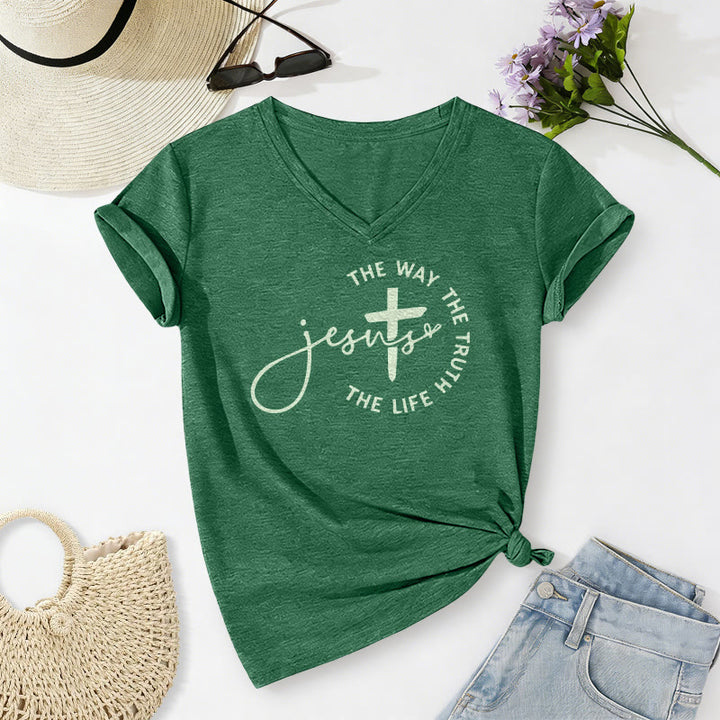 Christianartworkshop T-shirt décontracté à col en V avec croix et croix : Jésus, le chemin, la vérité, la vie - Vert foncé - 2XL - image 16