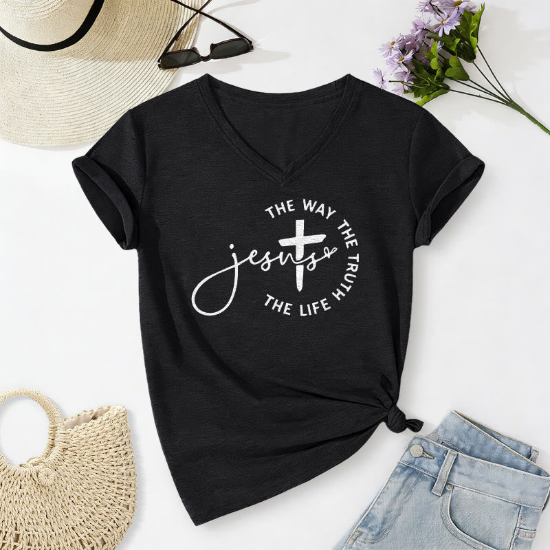 Christianartworkshop T-shirt décontracté à col en V avec croix et croix : Jésus, le chemin, la vérité, la vie - Noir - 2XL - image 6