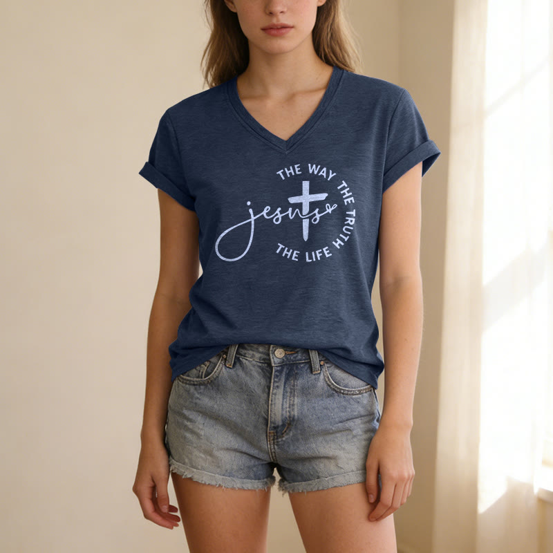 Christianartworkshop T-shirt décontracté à col en V avec croix et croix : Jésus, le chemin, la vérité, la vie - image 21