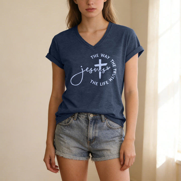 Christianartworkshop T-shirt décontracté à col en V avec croix et croix : Jésus, le chemin, la vérité, la vie - image 21