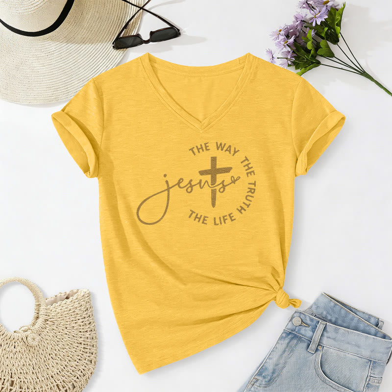 Christianartworkshop T-shirt décontracté à col en V avec croix et croix : Jésus, le chemin, la vérité, la vie - Jaune - 2XL - image 8