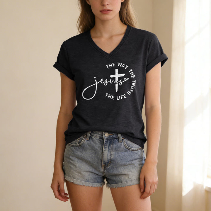 Christianartworkshop T-shirt décontracté à col en V avec croix et croix : Jésus, le chemin, la vérité, la vie - image 7