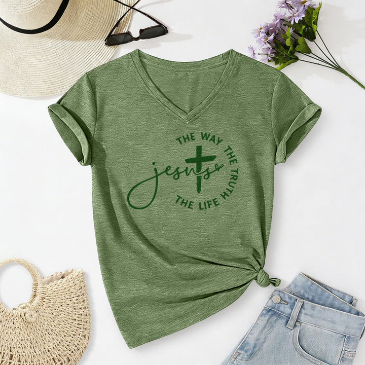 Christianartworkshop T-shirt décontracté à col en V avec croix et croix : Jésus, le chemin, la vérité, la vie - Vert olive - 2XL - image 10