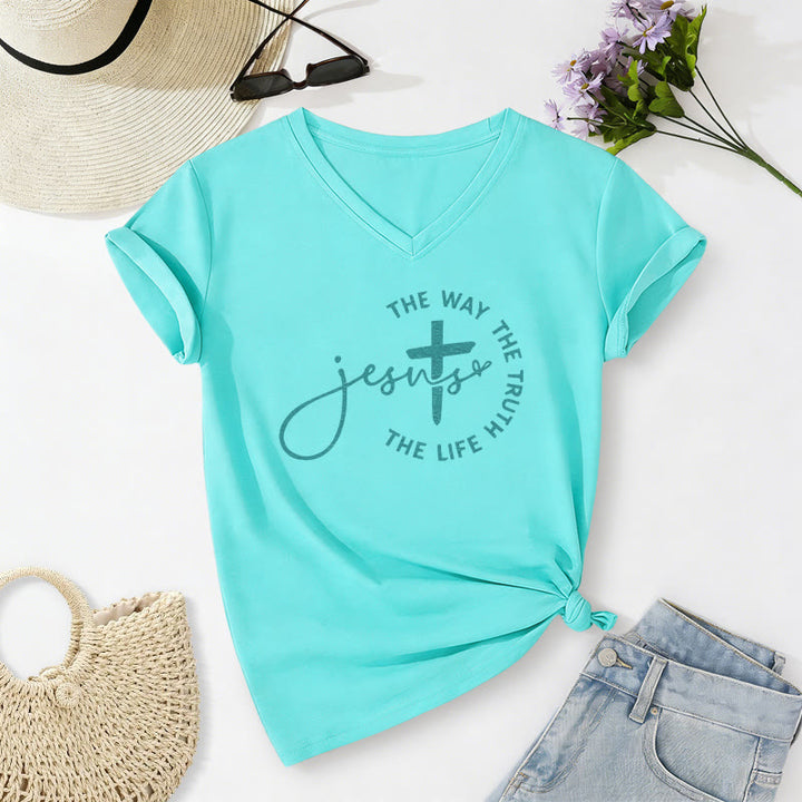 Christianartworkshop T-shirt décontracté à col en V avec croix et croix : Jésus, le chemin, la vérité, la vie - Bleu ciel - 2XL - image 14