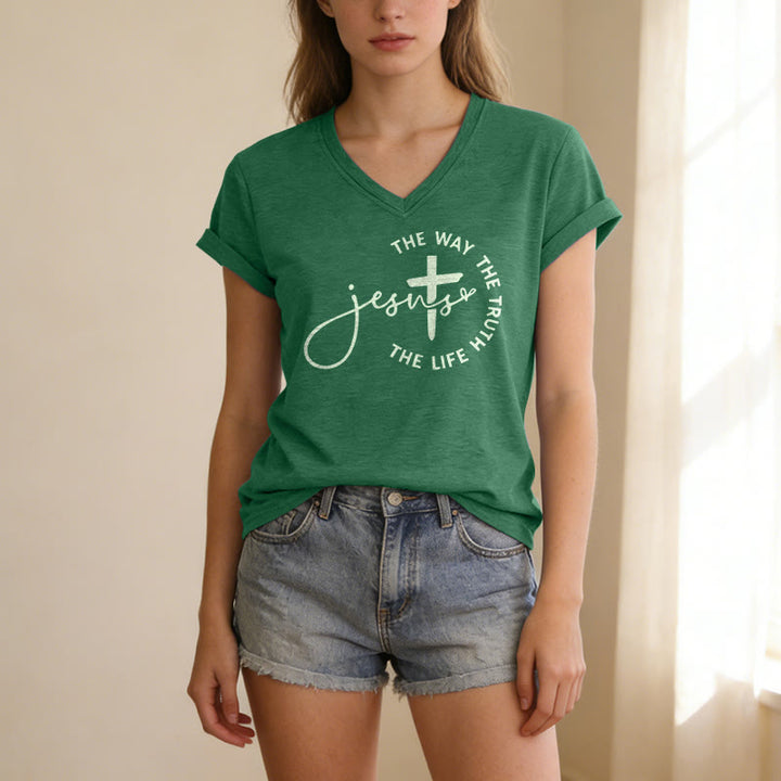 Christianartworkshop T-shirt décontracté à col en V avec croix et croix : Jésus, le chemin, la vérité, la vie - image 17