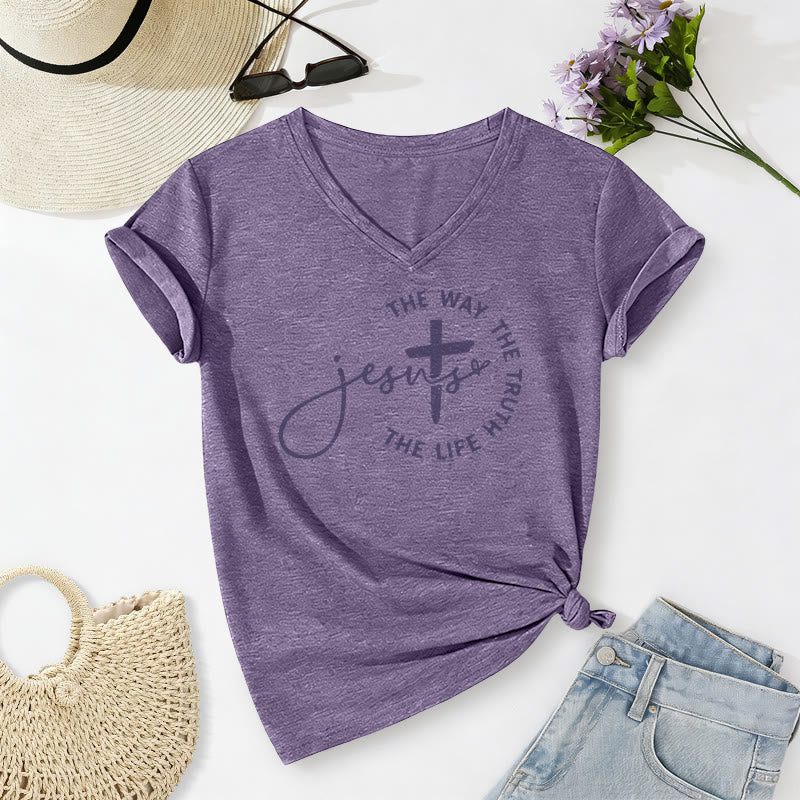 Christianartworkshop T-shirt décontracté à col en V avec croix et croix : Jésus, le chemin, la vérité, la vie - Violet - 2XL - image 18