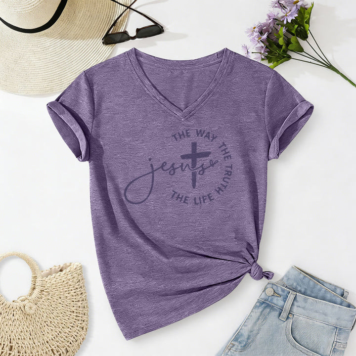 Christianartworkshop T-shirt décontracté à col en V avec croix et croix : Jésus, le chemin, la vérité, la vie - Violet - 2XL - image 18