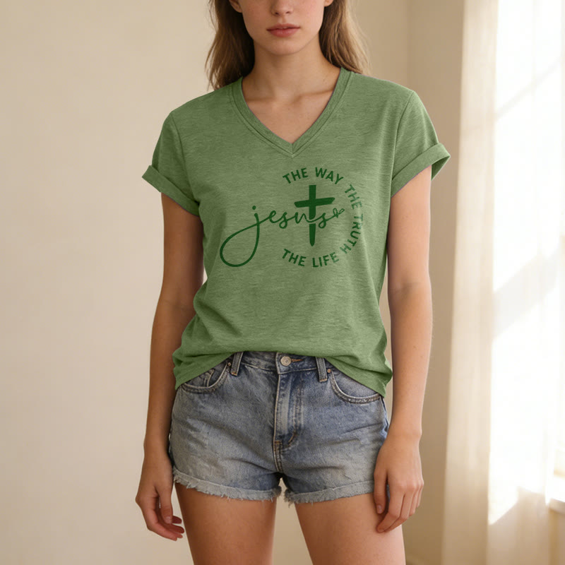 Christianartworkshop T-shirt décontracté à col en V avec croix et croix : Jésus, le chemin, la vérité, la vie - image 11