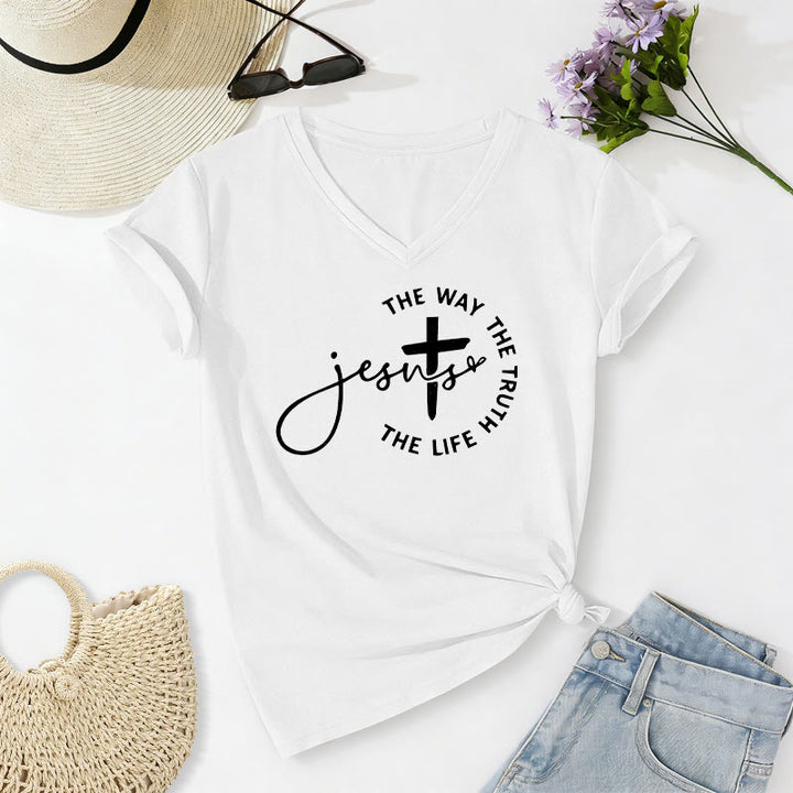 Christianartworkshop T-shirt décontracté à col en V avec croix et croix : Jésus, le chemin, la vérité, la vie - Blanc - 2XL - image 12