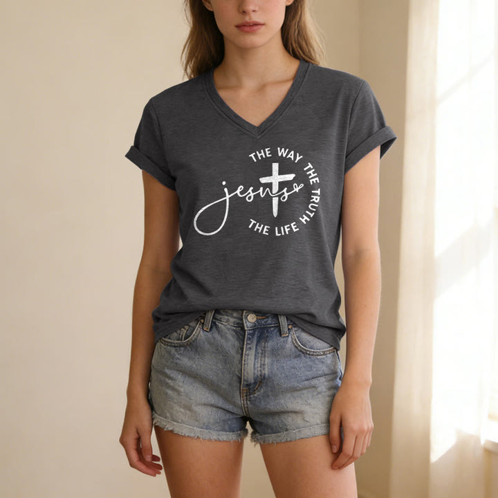 Christianartworkshop T-shirt décontracté à col en V avec croix et croix : Jésus, le chemin, la vérité, la vie - image 1