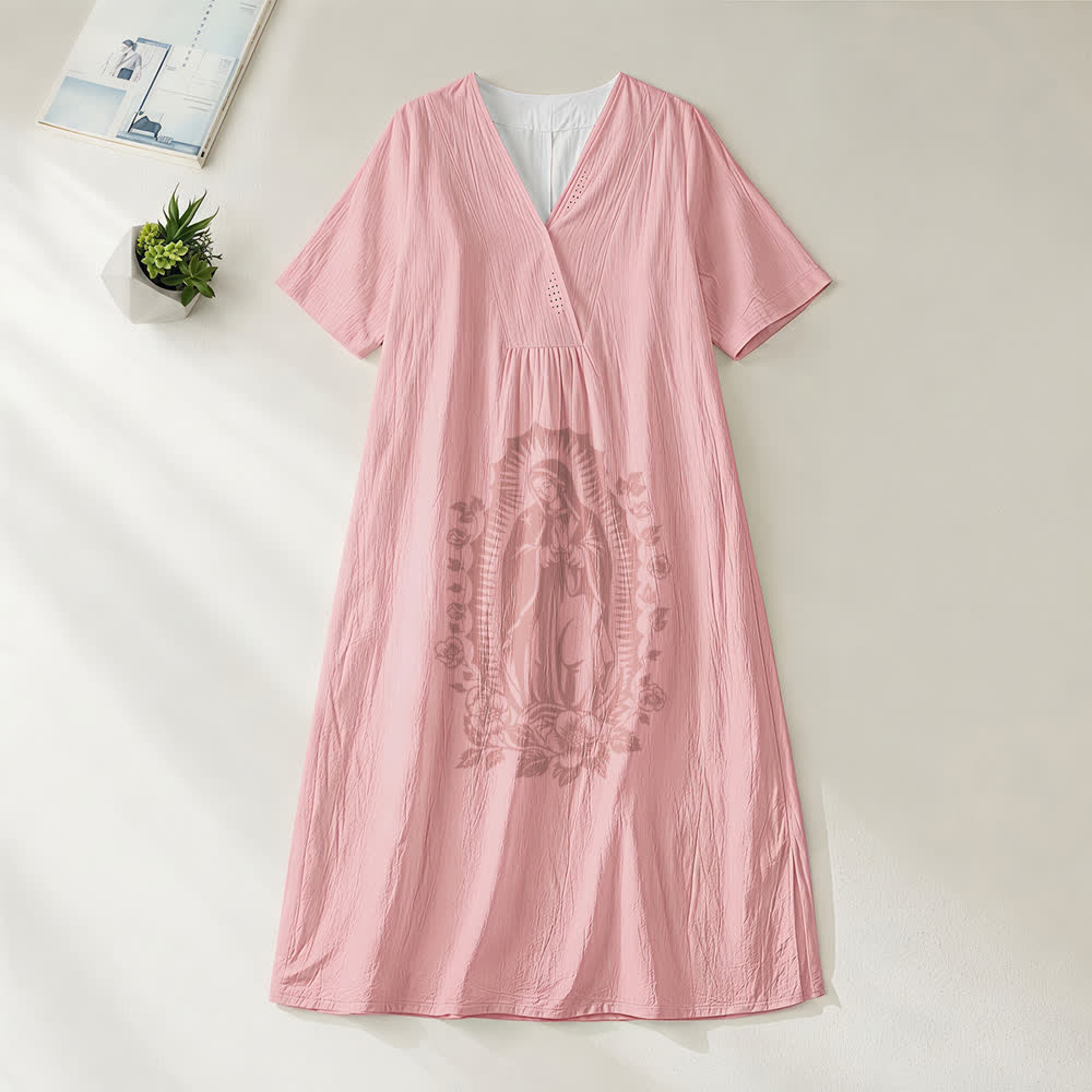 Robe midi à manches courtes et col en V, motif silhouette Notre-Dame de Guadalupe , Christianartworkshop - Rose - 4XL - image 8