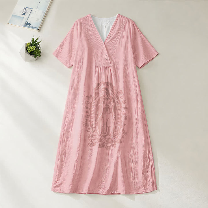 Robe midi à manches courtes et col en V, motif silhouette Notre-Dame de Guadalupe , Christianartworkshop - Rose - 4XL - image 8