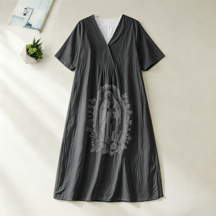 Robe midi à manches courtes et col en V, motif silhouette Notre-Dame de Guadalupe , Christianartworkshop - Noir - 4XL - image 2