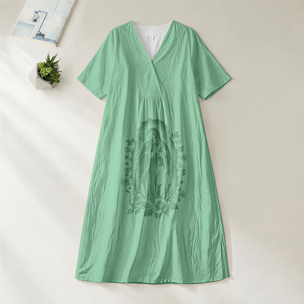 Robe midi à manches courtes et col en V, motif silhouette Notre-Dame de Guadalupe , Christianartworkshop - Vert - 4XL - image 4