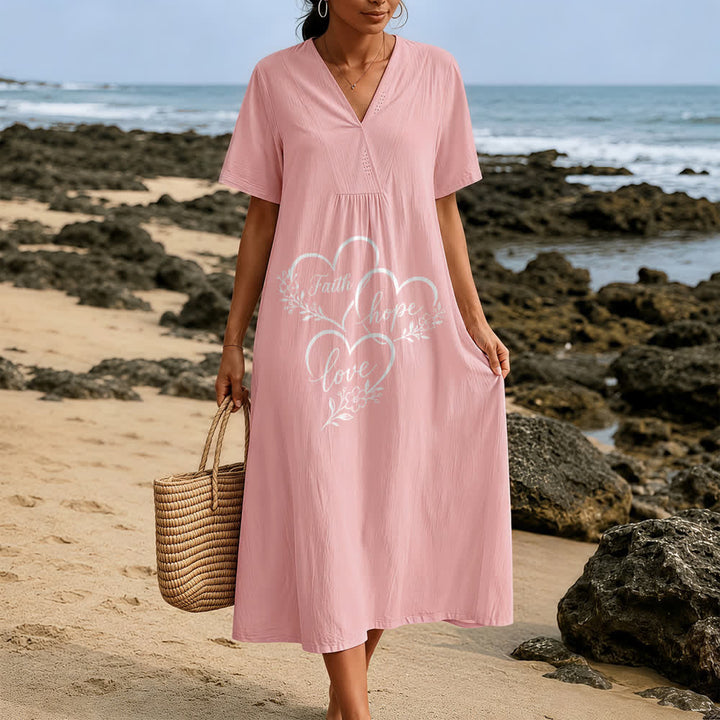 Robe midi à manches courtes et col en V, imprimé cœur floral « Foi, Espoir, Amour » de Christianartworkshop - image 9