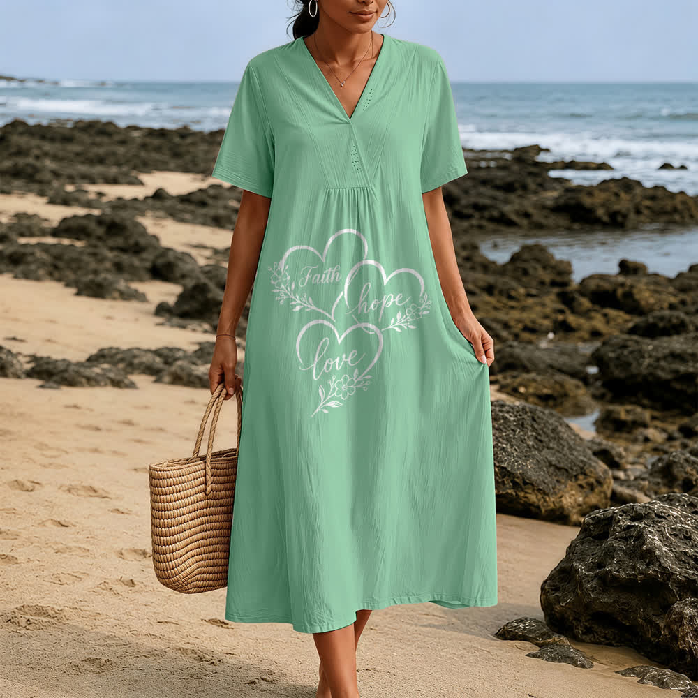 Robe midi à manches courtes et col en V, imprimé cœur floral « Foi, Espoir, Amour » de Christianartworkshop - image 1