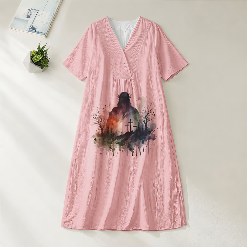 Christianartworkshop Art religieux Aquarelle Silhouette de Jésus Robe midi à col V et manches courtes - Rose - 4XL - image 8