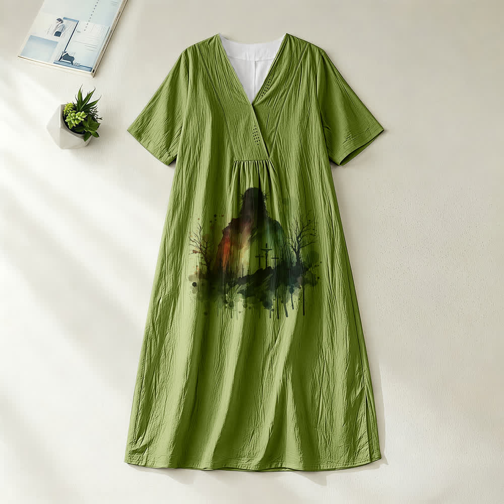 Christianartworkshop Art religieux Aquarelle Silhouette de Jésus Robe midi à col V et manches courtes - Vert olive - 4XL - image 10