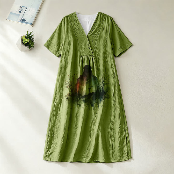 Christianartworkshop Art religieux Aquarelle Silhouette de Jésus Robe midi à col V et manches courtes - Vert olive - 4XL - image 10