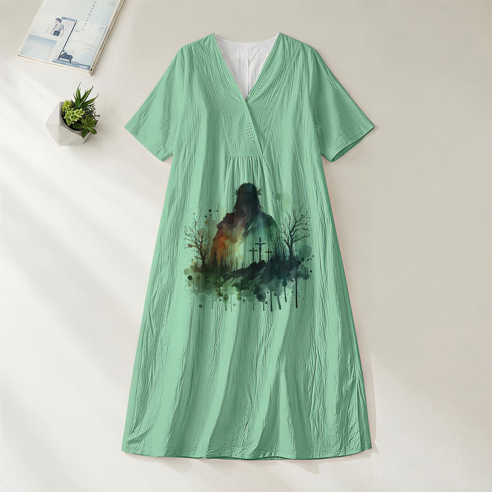 Christianartworkshop Art religieux Aquarelle Silhouette de Jésus Robe midi à col V et manches courtes - Vert - 4XL - image 4