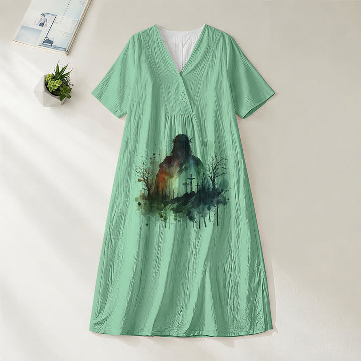 Christianartworkshop Art religieux Aquarelle Silhouette de Jésus Robe midi à col V et manches courtes - Vert - 4XL - image 4