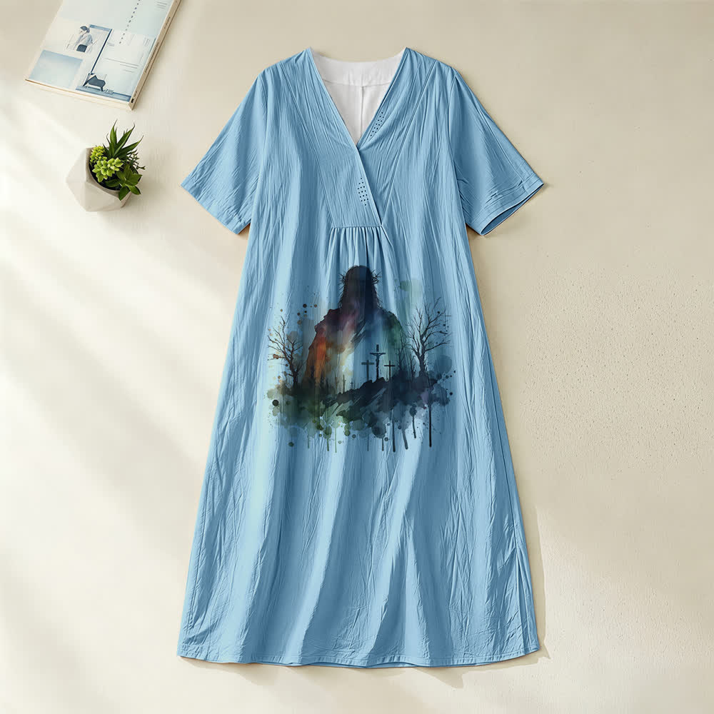 Christianartworkshop Art religieux Aquarelle Silhouette de Jésus Robe midi à col V et manches courtes - Bleu - 4XL - image 0