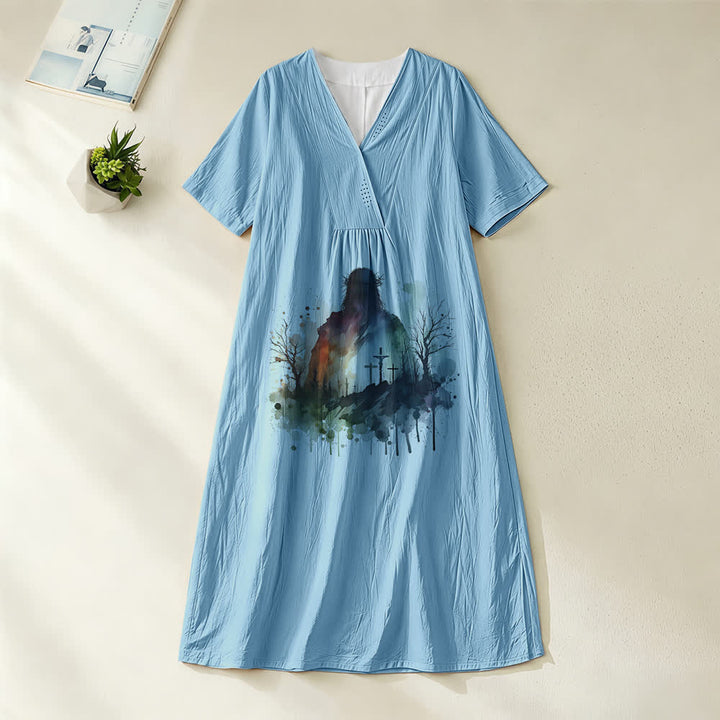 Christianartworkshop Art religieux Aquarelle Silhouette de Jésus Robe midi à col V et manches courtes - Bleu - 4XL - image 0