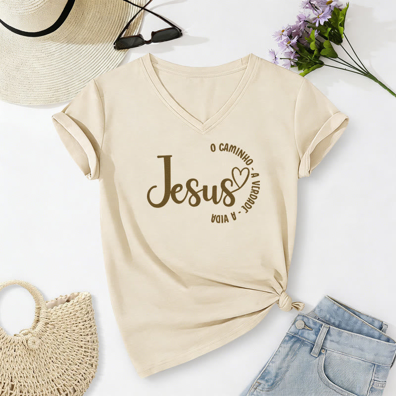Christianartworkshop Jesus O Caminho A Verdade A Vida Heart Circle T-shirt décontracté à col en v - Beige - 2XL - image 2