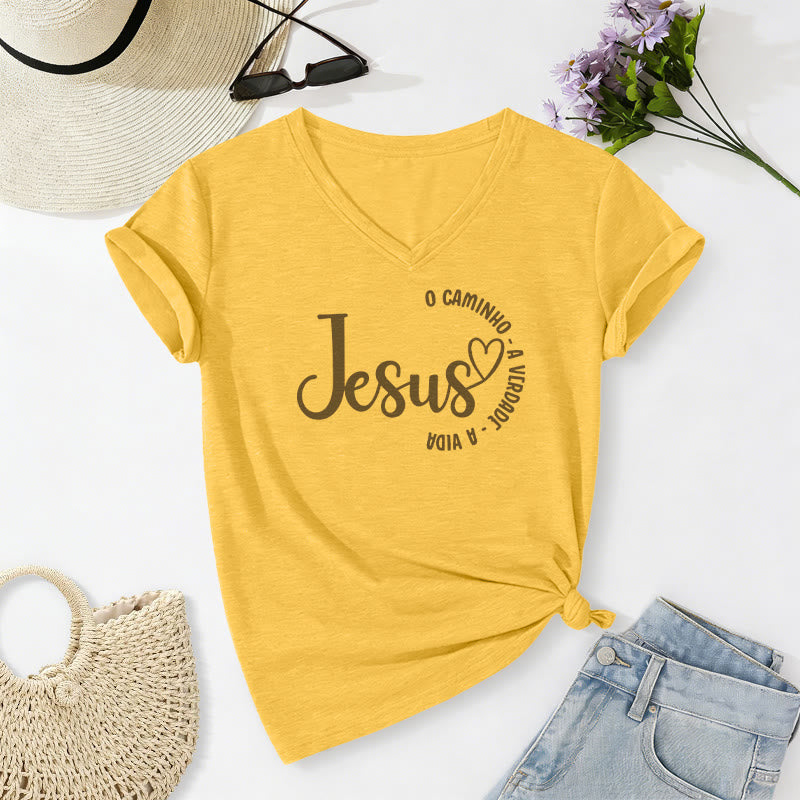 Christianartworkshop Jesus O Caminho A Verdade A Vida Heart Circle T-shirt décontracté à col en v - Jaune - 2XL - image 8