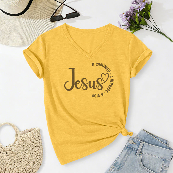 Christianartworkshop Jesus O Caminho A Verdade A Vida Heart Circle T-shirt décontracté à col en v - Jaune - 2XL - image 8