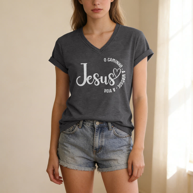 Christianartworkshop Jesus O Caminho A Verdade A Vida Heart Circle T-shirt décontracté à col en v - image 1