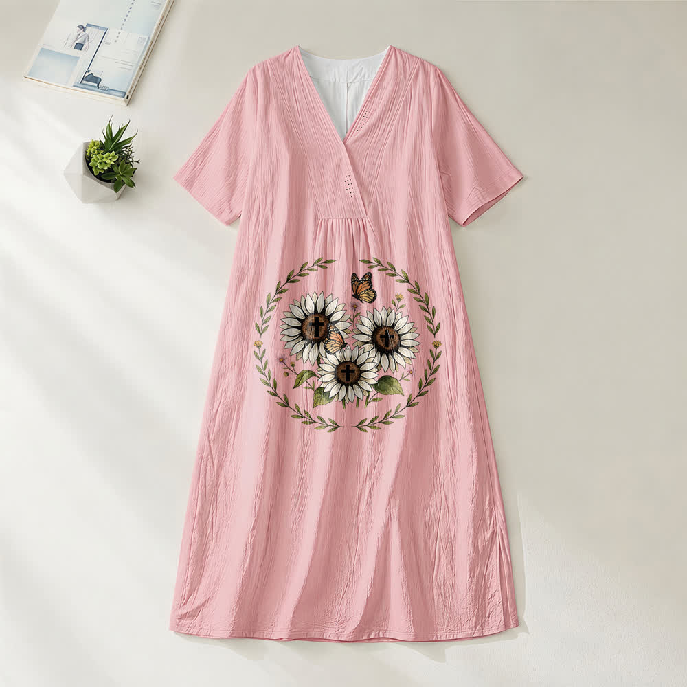 Robe midi à manches courtes et col en V, motif tournesol, croix et papillon, inspirée de Christianartworkshop - Rose - 4XL - image 8
