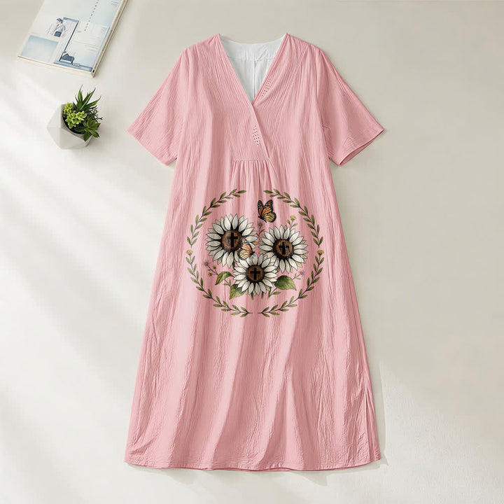 Robe midi à manches courtes et col en V, motif tournesol, croix et papillon, inspirée de Christianartworkshop - Rose - 4XL - image 8