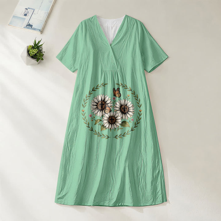 Robe midi à manches courtes et col en V, motif tournesol, croix et papillon, inspirée de Christianartworkshop - Vert - 4XL - image 6