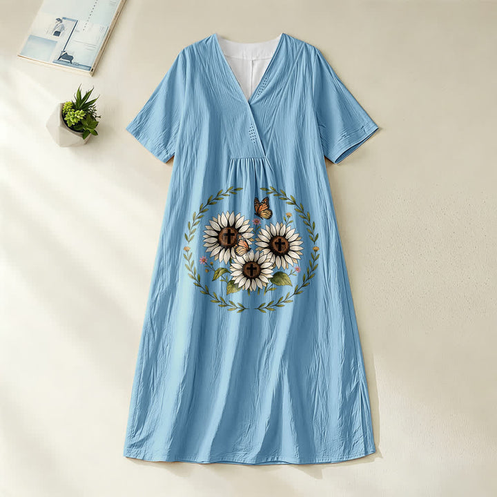 Robe midi à manches courtes et col en V, motif tournesol, croix et papillon, inspirée de Christianartworkshop - Bleu - 4XL - image 2