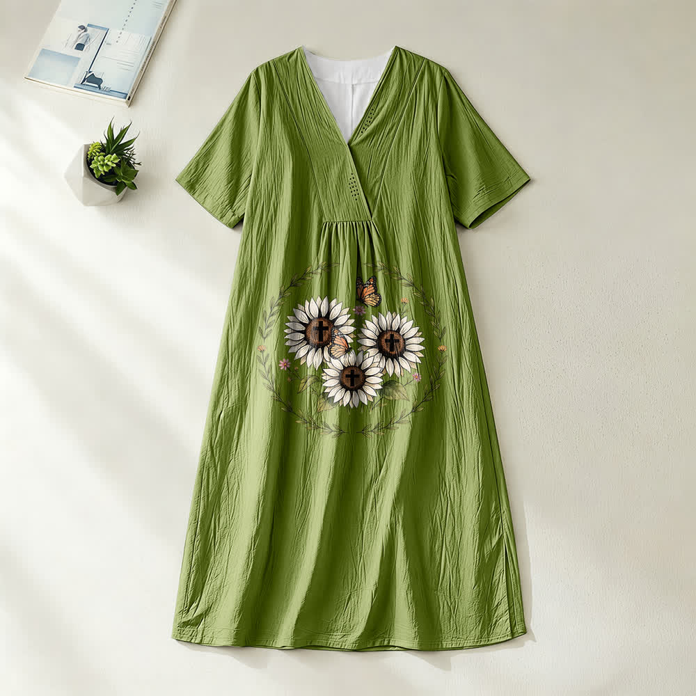 Robe midi à manches courtes et col en V, motif tournesol, croix et papillon, inspirée de Christianartworkshop - Vert olive - 4XL - image 10