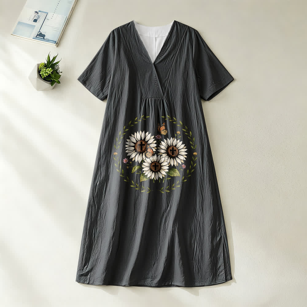 Robe midi à manches courtes et col en V, motif tournesol, croix et papillon, inspirée de Christianartworkshop - Noir - 4XL - image 4