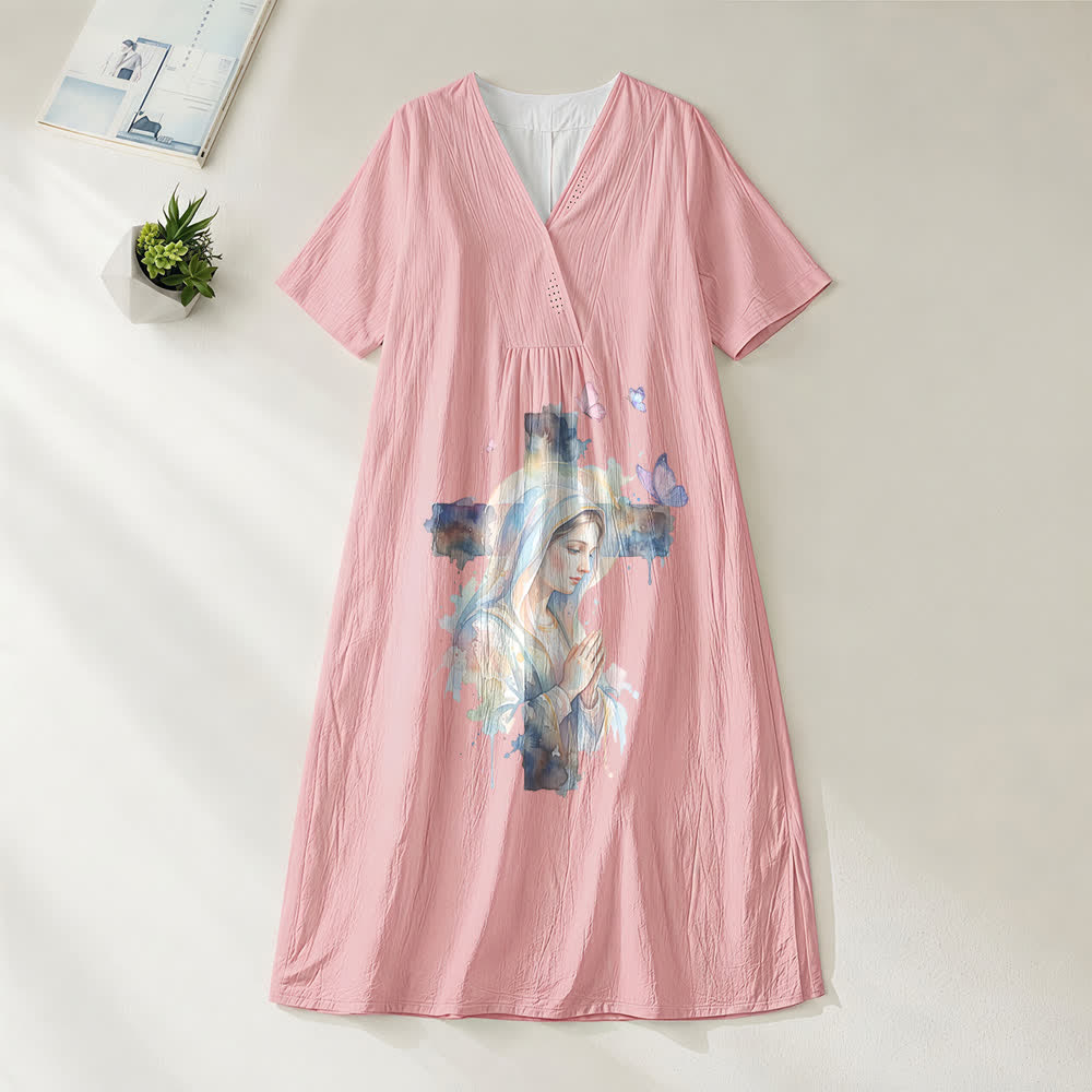 Robe midi à manches courtes et col en V, motif aquarelle Notre-Dame de Guadalupe et papillons , Christianartworkshop - Rose - 4XL - image 8