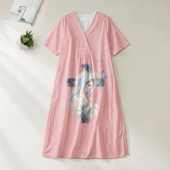 Robe midi à manches courtes et col en V, motif aquarelle Notre-Dame de Guadalupe et papillons , Christianartworkshop - Rose - 4XL - image 8