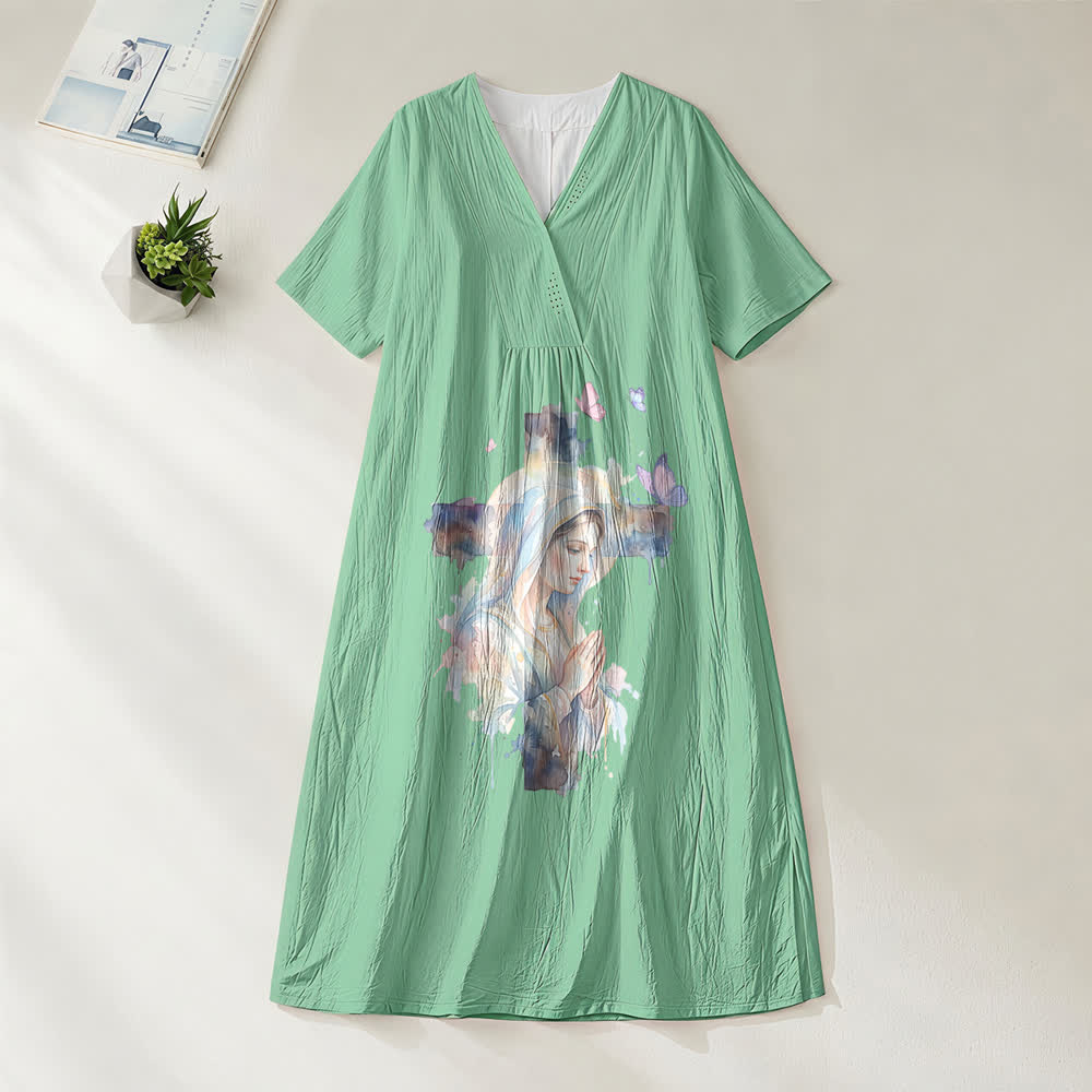 Robe midi à manches courtes et col en V, motif aquarelle Notre-Dame de Guadalupe et papillons , Christianartworkshop - Vert - 4XL - image 4