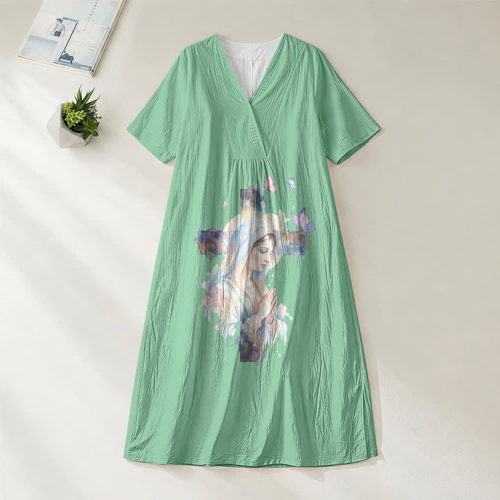 Robe midi à manches courtes et col en V, motif aquarelle Notre-Dame de Guadalupe et papillons , Christianartworkshop - Vert - 4XL - image 4