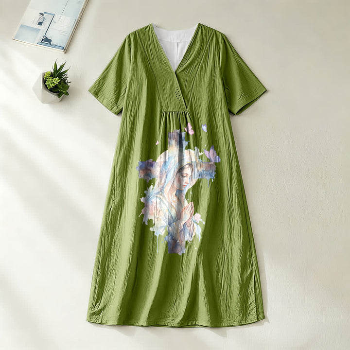 Robe midi à manches courtes et col en V, motif aquarelle Notre-Dame de Guadalupe et papillons , Christianartworkshop - Vert olive - 4XL - image 10