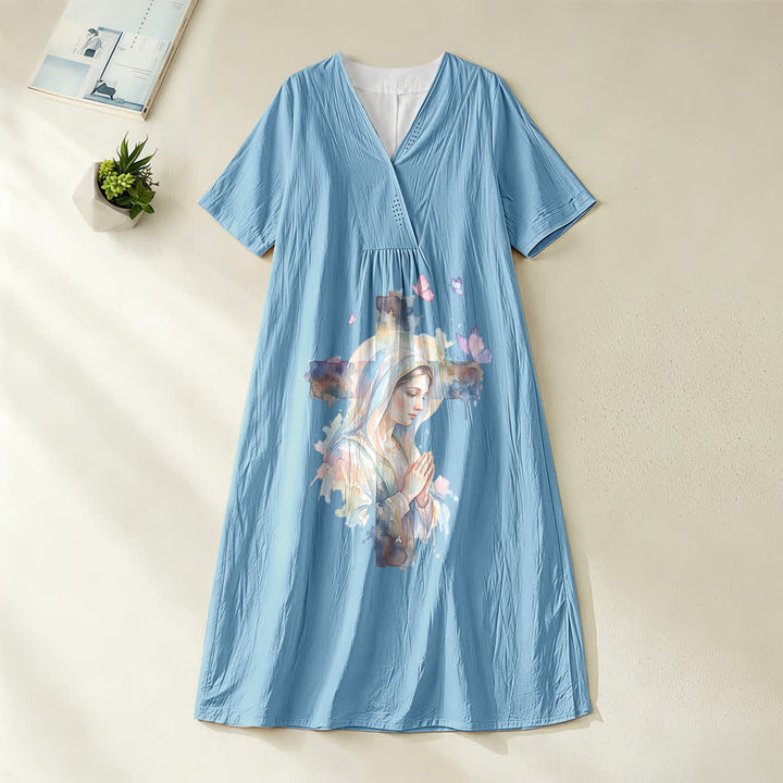 Robe midi à manches courtes et col en V, motif aquarelle Notre-Dame de Guadalupe et papillons , Christianartworkshop - Bleu - 4XL - image 2