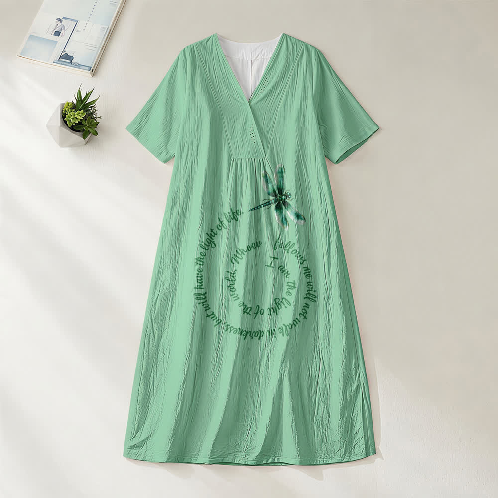 Robe midi à manches courtes et col en V, coupe décontractée, motif libellule et verset inspirant , Christianartworkshop - Vert - 4XL - image 4