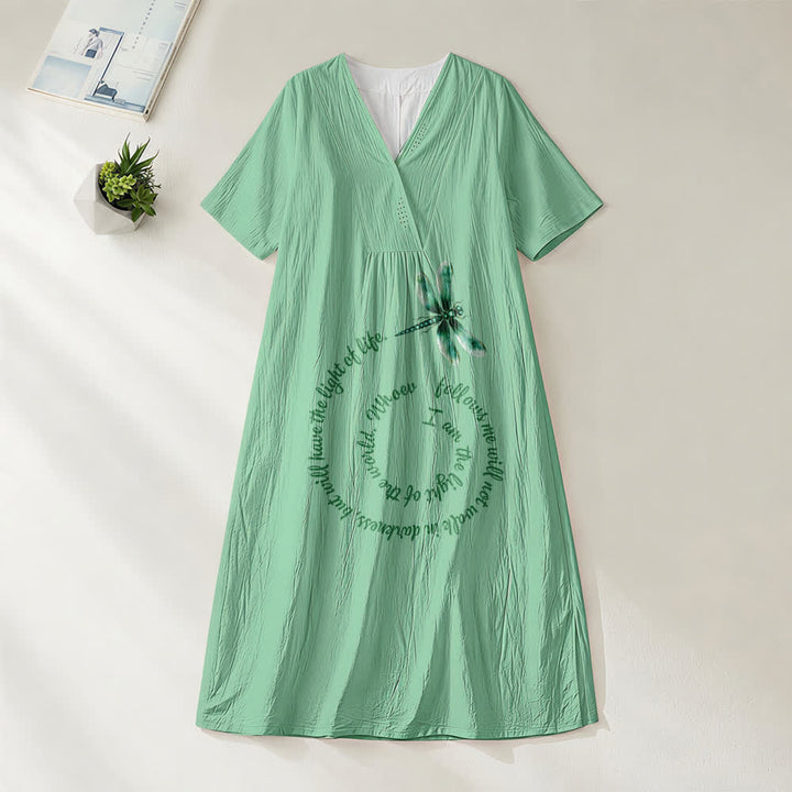 Robe midi à manches courtes et col en V, coupe décontractée, motif libellule et verset inspirant , Christianartworkshop - Vert - 4XL - image 4
