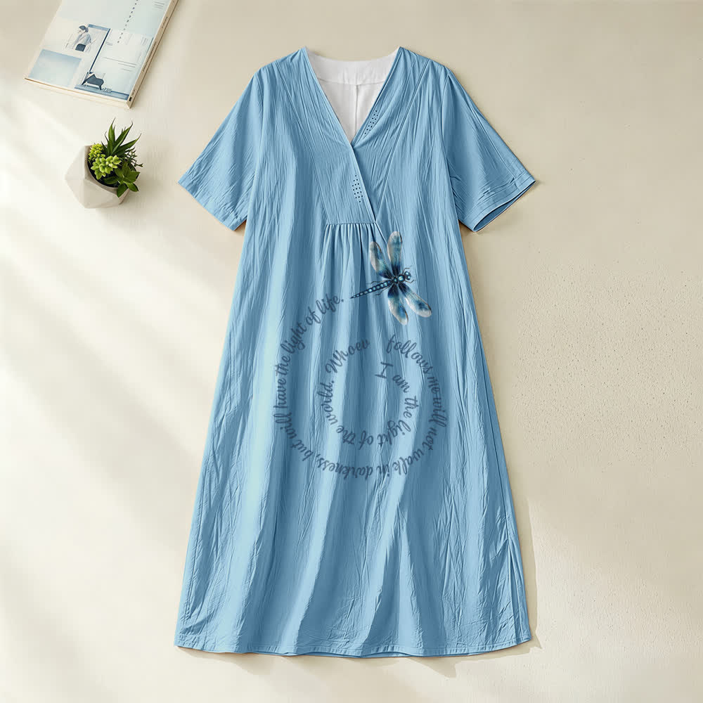 Robe midi à manches courtes et col en V, coupe décontractée, motif libellule et verset inspirant , Christianartworkshop - Bleu - 4XL - image 0