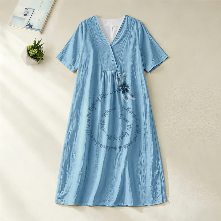 Robe midi à manches courtes et col en V, coupe décontractée, motif libellule et verset inspirant , Christianartworkshop - Bleu - 4XL - image 0