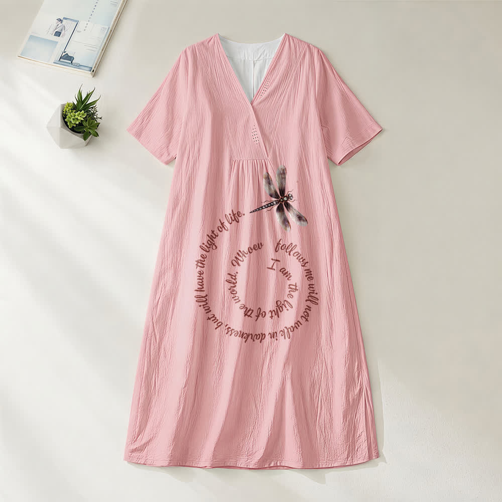 Robe midi à manches courtes et col en V, coupe décontractée, motif libellule et verset inspirant , Christianartworkshop - Rose - 4XL - image 8